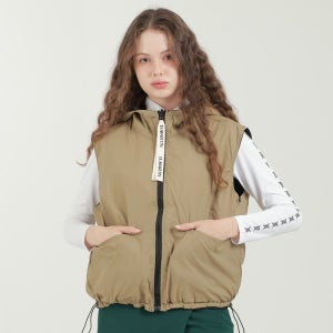 간절기 여자 골프베스트 여성골프웨어 양면 조끼 후드 스트링 지퍼 스트랩 포인트 경량 아우터