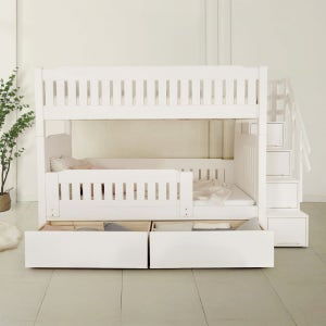 수앤홈 엘리 소나무 원목 화이트 분리형 빅서랍 2층침대 수납계단형