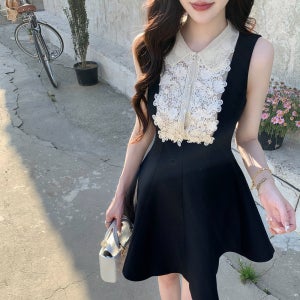 ORGIRIS 심포니 블랙 화이트 배색 레이스 민소매 미니 원피스 수입의류