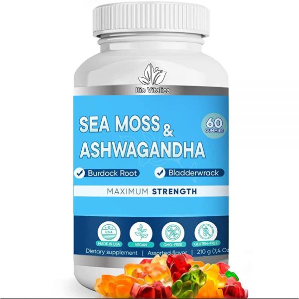 BIO VITALICA Sea Moss Ashwagandha 젤리 - 남성 및 여성용 에너지 면역 지원을 위한 유기농 아일랜드 시모스 아쉬와간다 뿌리 보충제 비건 <b>씨</b> 모스 엘더베리