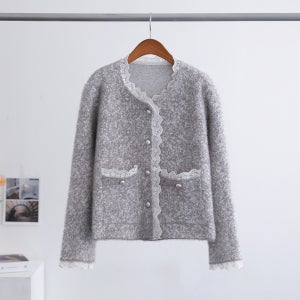 첼디 페미닌 레이스 헤어리 트위드 실버버튼 니트 가디건 자켓