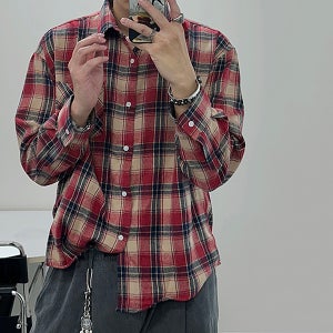 남자 빨간색 플란넬 체크 무늬 가을 오버핏 긴팔 크롭 오버핏 커플 남방 셔츠