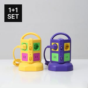 N배송 비비드 컬러 디자인 멀티탭 콘센트 고용량 큐브 타워형 집들이선물 2m, 6구 세트 할인 (옐로우+바이올렛), 1개