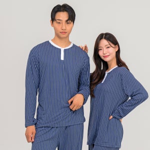 [2PACK] 커플 핀스트라이프 잠옷 라운드 피치기모 홈웨어 파자마 세트