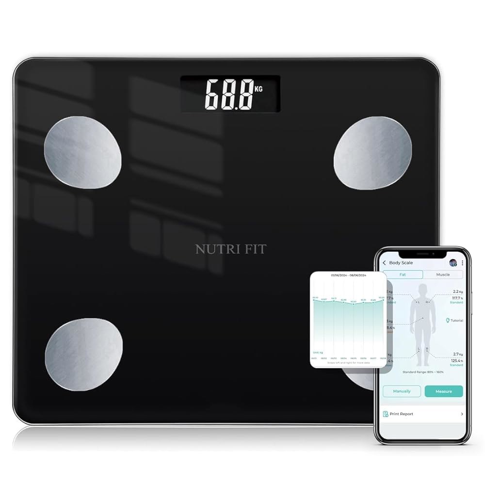 체중 및 지방을 위한 NUTRI FIT 욕실 체중계, 블루투스를 통한 디지털 스마트 BMI, 근육, 감량을 APP를 갖춘 체성분 관찰기, 최대 150kg/330파운드