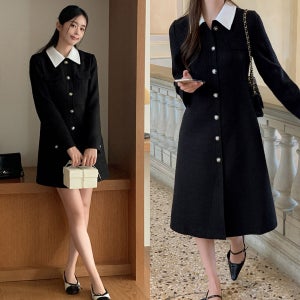 가을 하객원피스 배색 카라 A라인 블랙 숏/롱 트위드 원피스 돌잔치 상견례룩 44-77