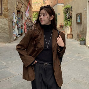 가을 여성 클래식 스웨이드자켓 오버핏 간절기 정장재킷 브라운 블랙 44-77