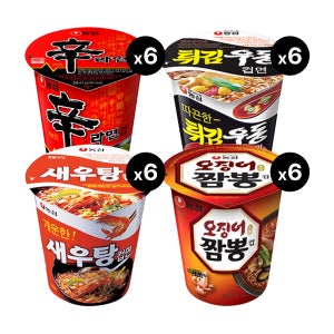 농심 신라면 65g 6개 + 튀김우동 67g 6개 + 새우탕 67g 6개 + 오징어짬뽕 67g 6개 작은컵 컵라면