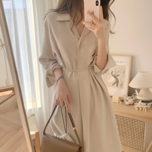 하늘하늘 꾸안꾸 데일리 허리스트랩 셔츠 롱원피스