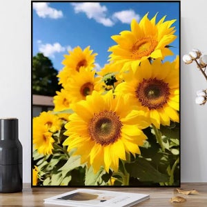 보석십자수 액자형 행운의 꽃 황금 해바라기 푸른하늘 풍경 비즈 액자 포함 세트 37x47