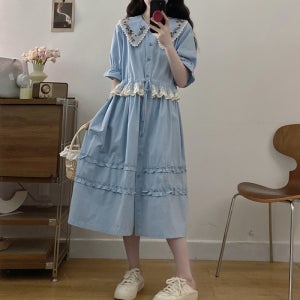 귀여운 키작녀 빅사이즈 레트로 보헤미안 꽃무늬 자수 레이스 프릴 원피스