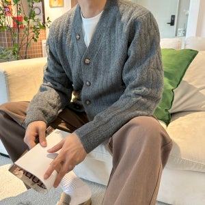 남자 가디건 두툼한 오버핏 꽈배기 부클 니트 울 가디건