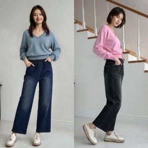여성 청바지 데님 팬츠 2종 세미 와이드 밴딩 스판 중청 흑청 일자
