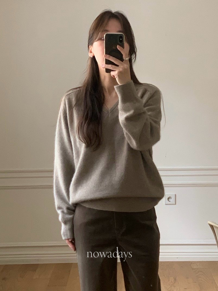 fllanel 플라넬 소프트 라쿤 브이 니트 울 긴팔 데일리 베이직 nt