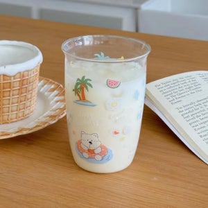 해피 썸머 베어클라스컵 내열글라스 유리 데일리 홈카페 아이스잔 380ml