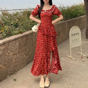 공주풍 빅사이즈 롱원피스 레드 꽃무늬 언밸런스 프릴 옆트임 디테일