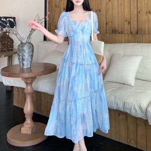 공주풍 플러스사이즈 롱원피스 퍼프소매 플로럴 쉬폰 비치 드레스