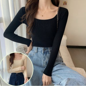 U넥 여성 골지 니트 베이지 긴팔 티셔츠 슬림핏 무지 베이직 데일리 스타일링 여자 스웨터