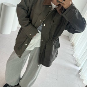 보니따스 매트 레더 배색 스트링 점퍼 가을 오버핏 하프 자켓 야상/ 블랙 카키