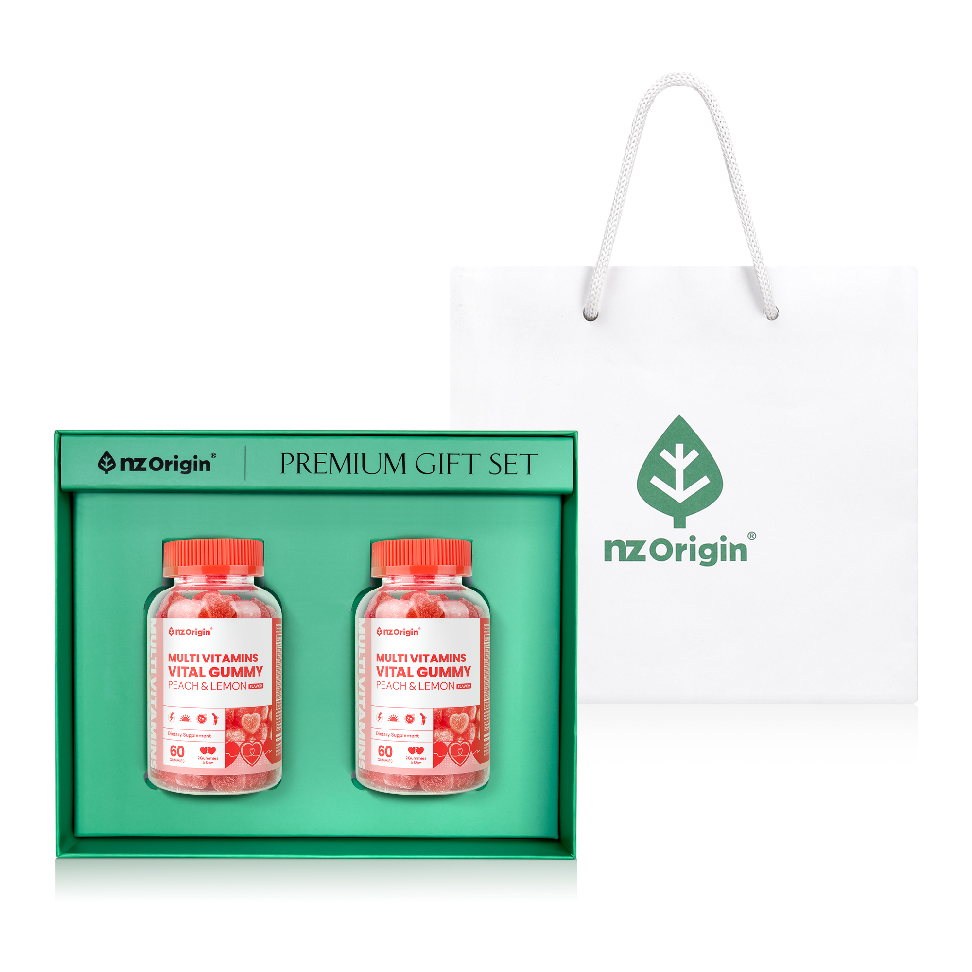 [선물세트] 비타민젤리 <b>엔젯오리진</b> 멀티비타민 식물성구미 바이탈 복숭아 레몬맛 60구미 2통