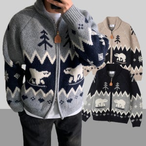 코위찬가디건 숄 베어 니트집업 두꺼운 노르딕가디건