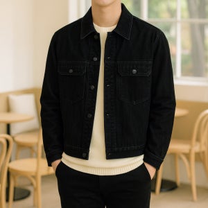 LAINE 남자 벨벳 자켓 간절기 헌팅 카라 데님 블랙 자켓