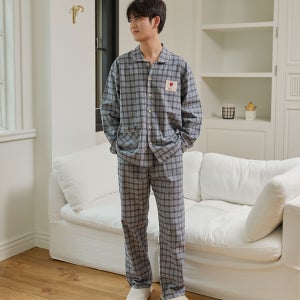 국산 남성 브링체크 네이비 약 기모 겨울 잠옷 긴팔 홈웨어 세트 (바지 주머니 있음)