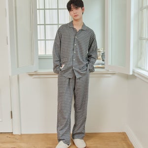 국산 남성 케이체크 블랙 약 기모 겨울 긴팔 잠옷 파자마 홈웨어 세트 (바지 주머니 있음)