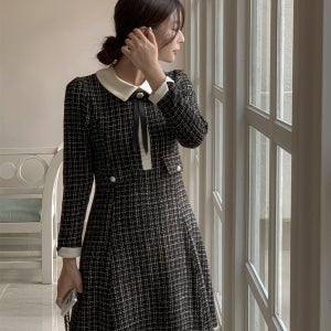 하객원피스 빅사이즈 브로치세트 배색 미니 트위드 원피스 가을 겨울 상견례 돌잔치룩