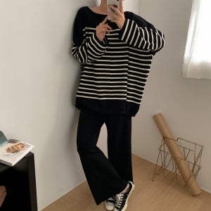 가을 투피스세트 보트넥 스트라이프 허리밴딩 니트세트 빅사이즈