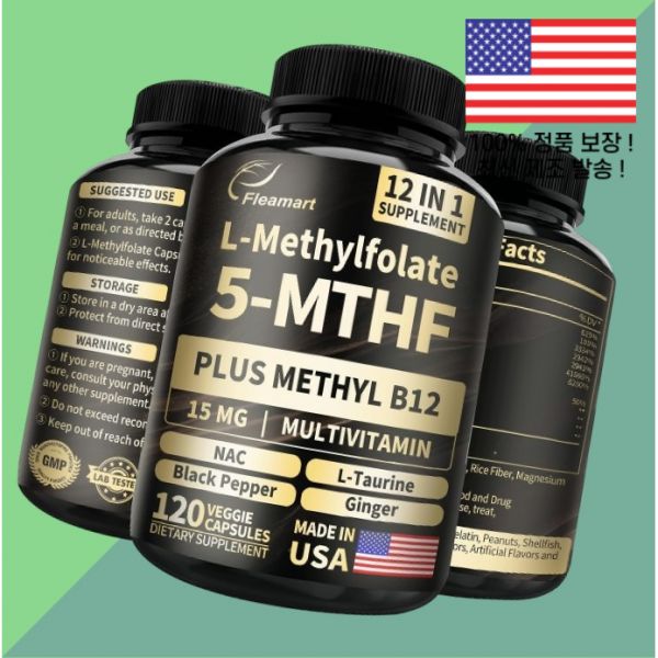 플리마트 L 메틸엽산 폴레이트 폴릭 애씨드 15mg 플러스 메틸코발라민 비타민<b>B12</b> 비타민비12 비타민B군 <b>액티브</b> <b>5</b> <b>MTHF</b> 미국산 120캡슐 Fleamart Methylfola