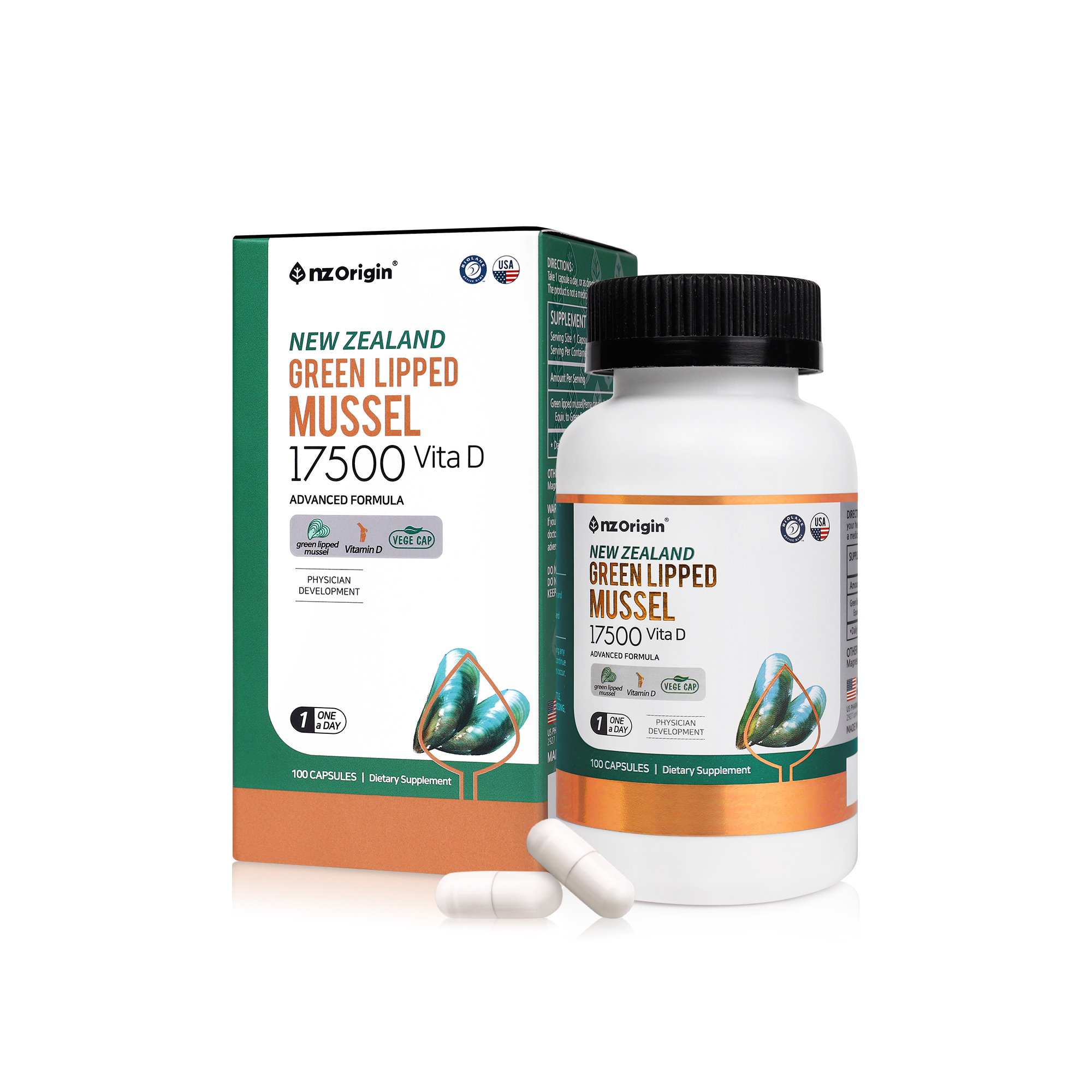 엔젯오리진 <b>뉴질랜드 초록입홍합 17500 비타민D</b> 관절 연골 영양제 30캡슐 100캡슐