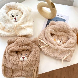 귀여운 곰돌이 일체형모자 귀달이 후드 넥워머 마스크 만능 겨울 방한아이템