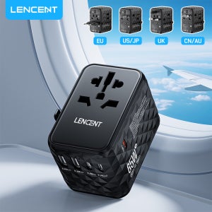 LENCENT 초고속 전세계 여행용 해외 멀티 플러그 어댑터 65W 블랙, 1개