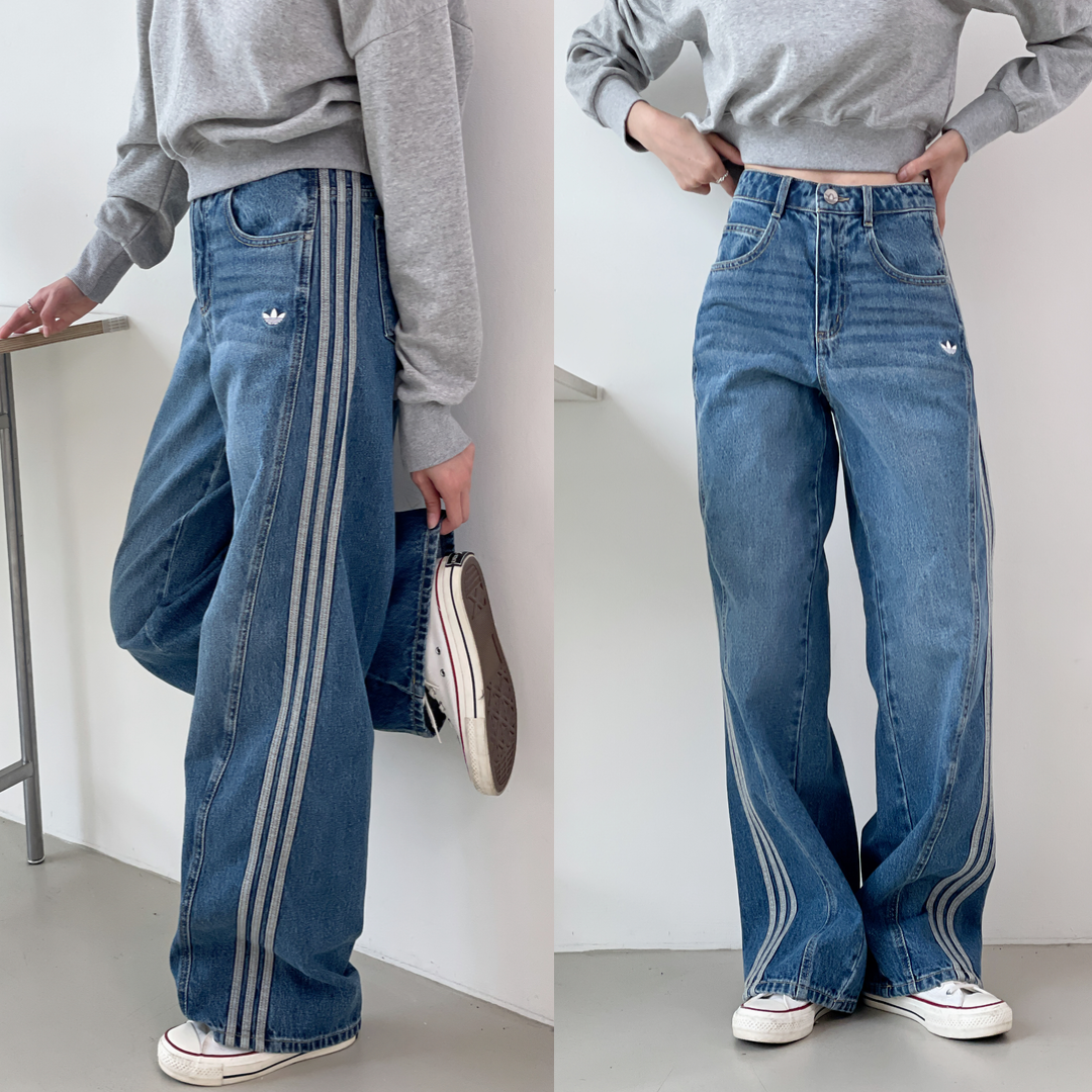 아디다스 오리지널 청바지 여성 와이드 팬츠 데님 삼선 루즈핏 흑청 부츠컷