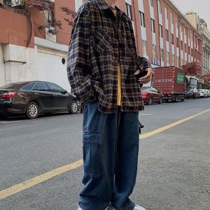 남자체크난방 체크무늬남방 무늬셔츠 가을 오버핏 긴팔
