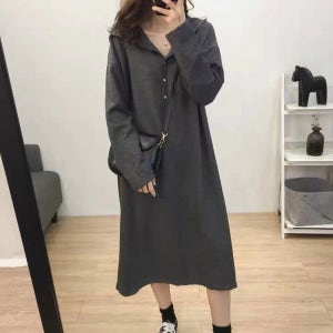 여자 후드 롱 원피스 긴팔 단추 스커트 치마 루즈핏 간절기 데일리 편안한 트레이닝 이너