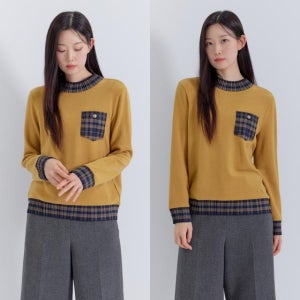 지센 [25FW] 체크 배색 반넥 긴팔 티셔츠 LCTSPA30 MU