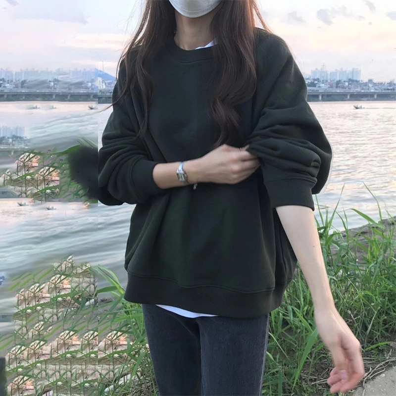 여성박스티 얇은 긴팔 롱 루즈핏 블랙 봄 소매 퍼프맨투맨 다크그린 S