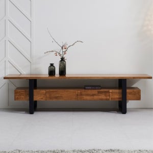 LR넓은 거실용 2100 대형 참죽 통원목 중앙오픈형 서랍 TV다이 수납장 30평대 디자인