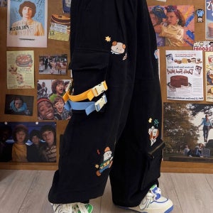 귀여운 빅사이즈 스트릿패션 조거팬츠 캐릭터 자수 패치워크 면 와이드팬츠