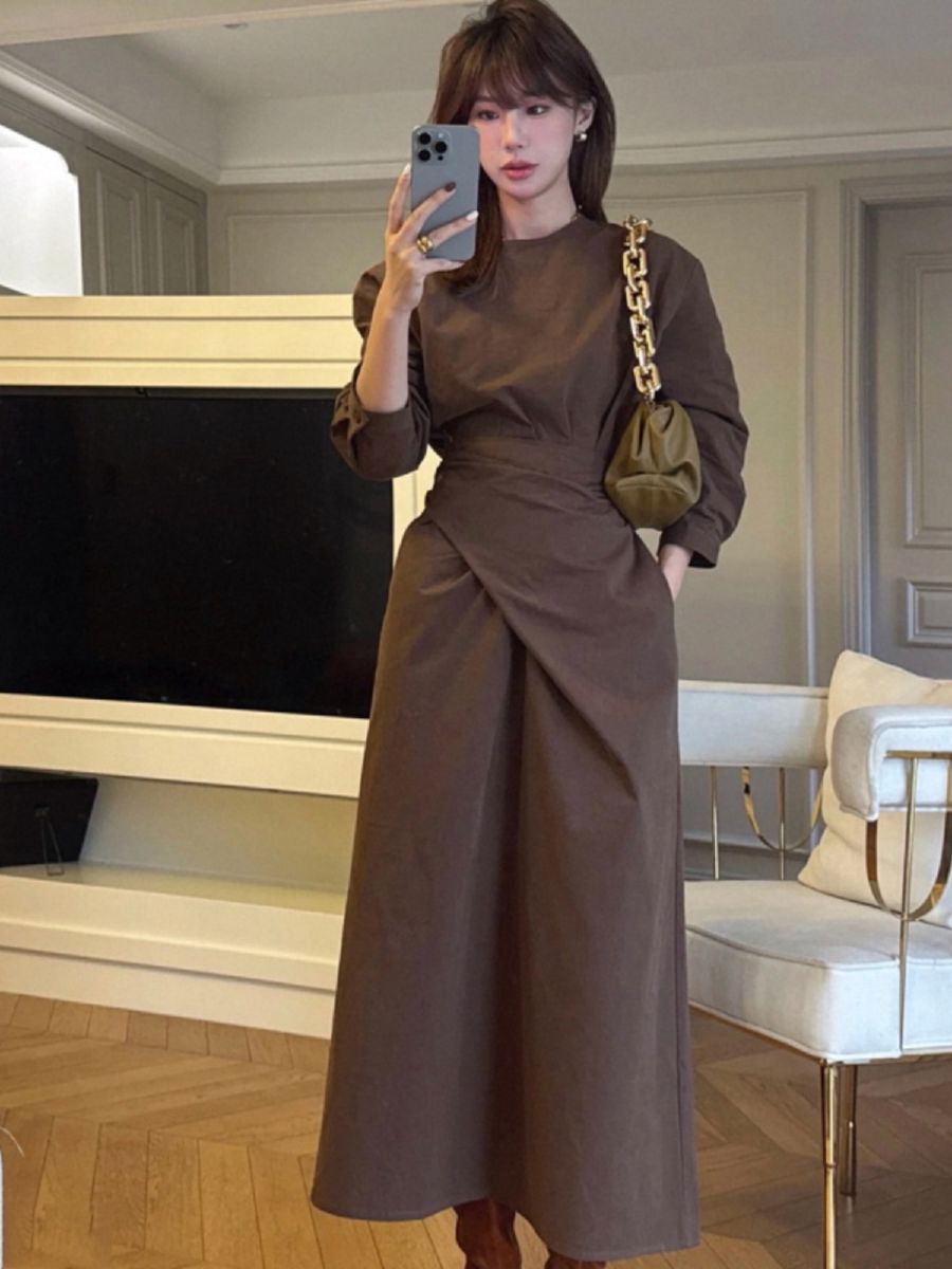 카라 빅사이즈 루즈핏 가을 데일리룩 아이템 롱원피스 브라운원피스 긴팔