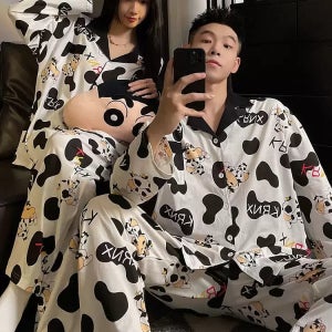 젖소 짱구 커플잠옷 세트 긴팔 긴바지 순면 3XL