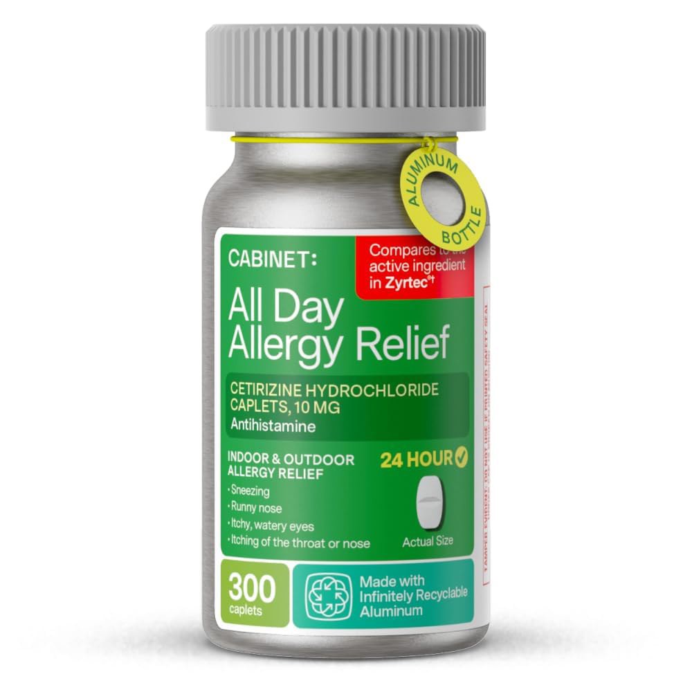 캐비닛 <b>세티리진</b> Hcl 10mg 정제 24시간 실내외 HSA FSA용 비졸림 항히스타민제 300개 알루미늄