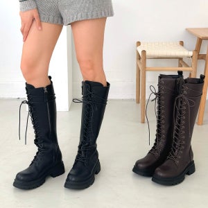 소울리 레이스업 롱부츠 소가죽 발편한 통굽 롱워커 부츠