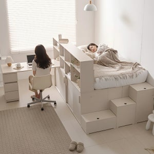 수납형 침대프레임 슬라이딩 대형 수납 침대 파티션 베드 SS(슈퍼싱글), 워시화이트