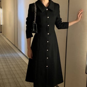 [자체제작] 펄 트위드 카라 긴팔 롱 원피스 op16180