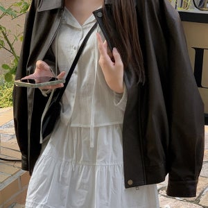 봄 가을 여성 오버핏 레더자켓 블루종 집업 점퍼 카라넥 하프 가죽 재킷 3컬러 44-77