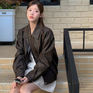 가을 여성 오버핏 레더자켓 블루종 집업 점퍼 카라넥 하프 가죽 재킷 3color 44-77