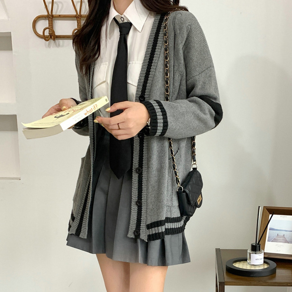 단추가디건 니트탑 배색 자켓 예쁜 스트라이프 실내 라인